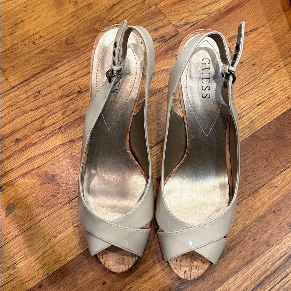 GUESS Nude Patent Slingback Peep Toe Cork Heels | Size 10